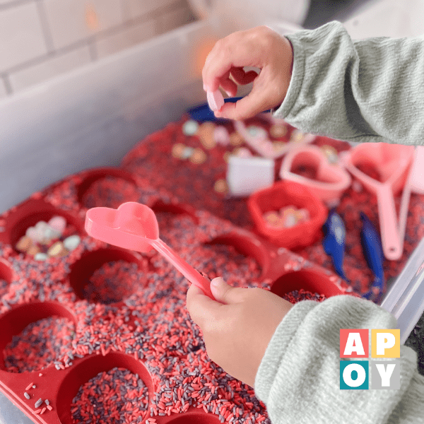 valentine's day sensory bin for toddlers,easy sensory play with colored rice,sensory bins for kids,winter activities,sensory learning,fine motor activities