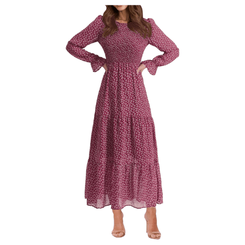 magenta long sleeve floral midi dress for women