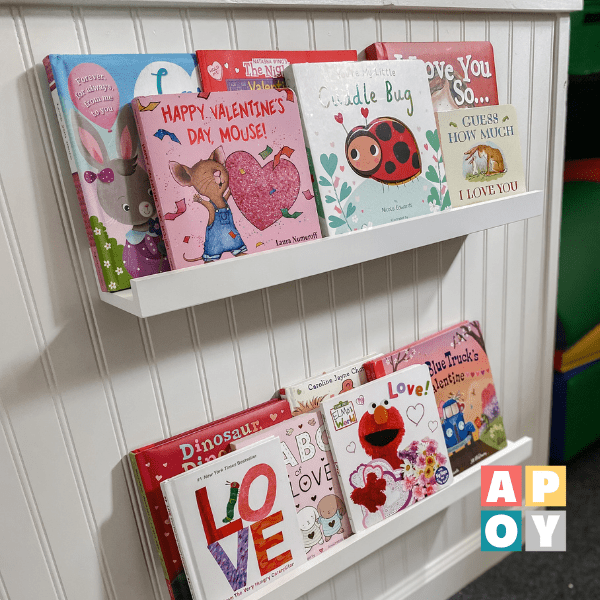 Valentine's bookshelf,styling a bookshelf for valentine's day,valentine's day books for kids,seasonal books,books about love,kids books,books for toddlers,valentines activities for kids